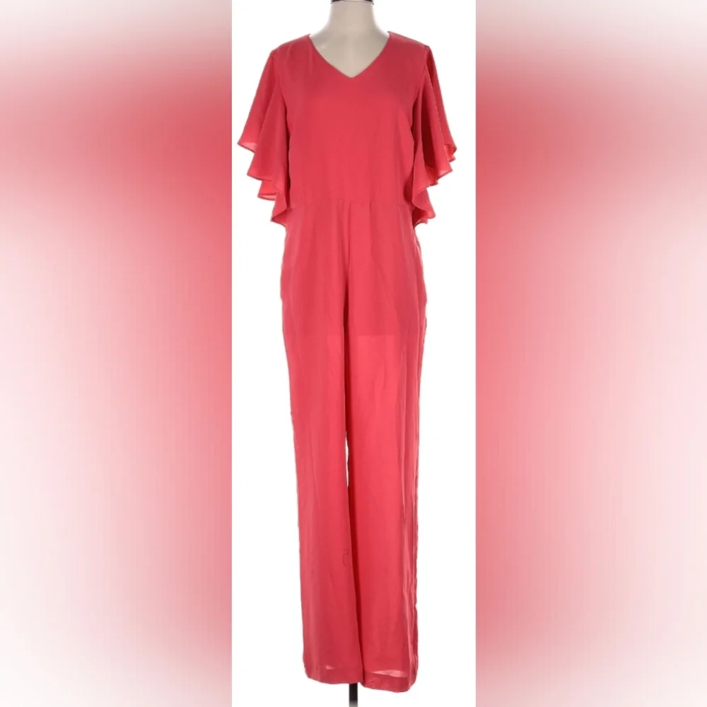 Chicos Ruffle Sleeve Coral Jumpsuit Size 2 (US 12/14 L ) NWT MSRP $159 - Picture 2 of 8